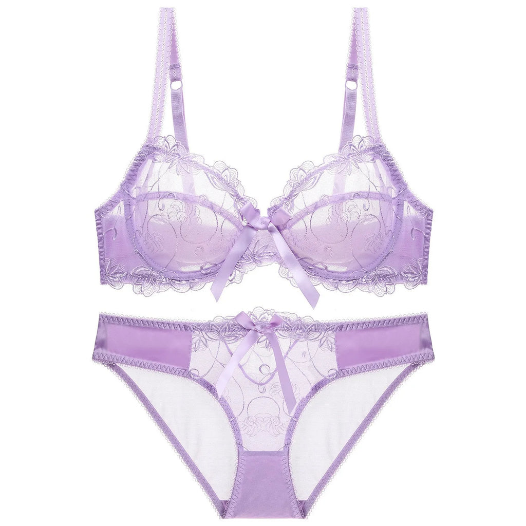 Ensemble de soutien-gorge transparent en dentelle avec nœud ultra-fin et culotte pour femmes
