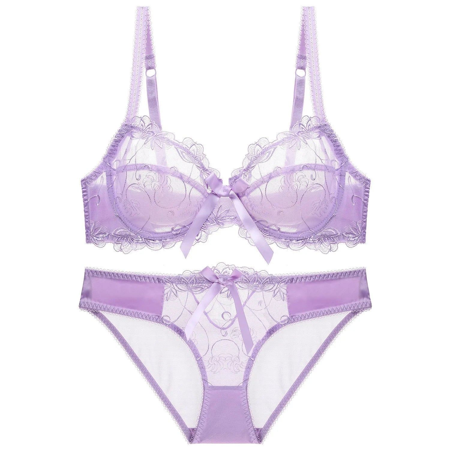 Ensemble de soutien-gorge transparent en dentelle avec nœud ultra-fin et culotte pour femmes