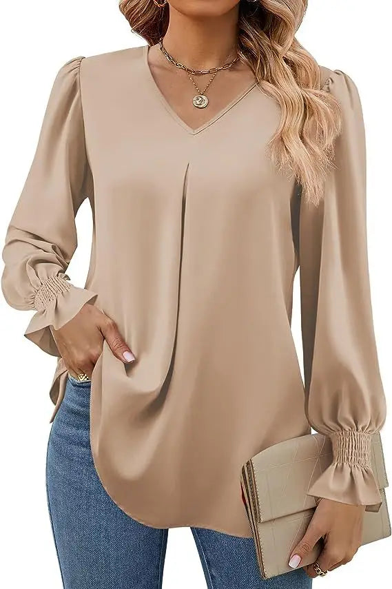 Pull-over à manches évasées et col en V pour femmes