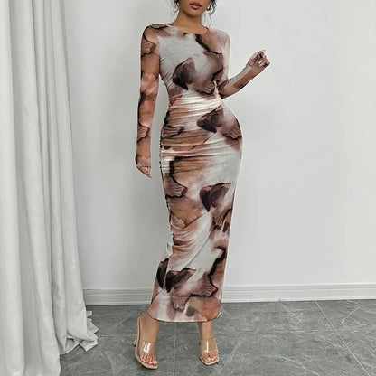 Robe longue femme moulante en maille transparente