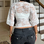 Top court sexy en dentelle florale à col en V pour femmes