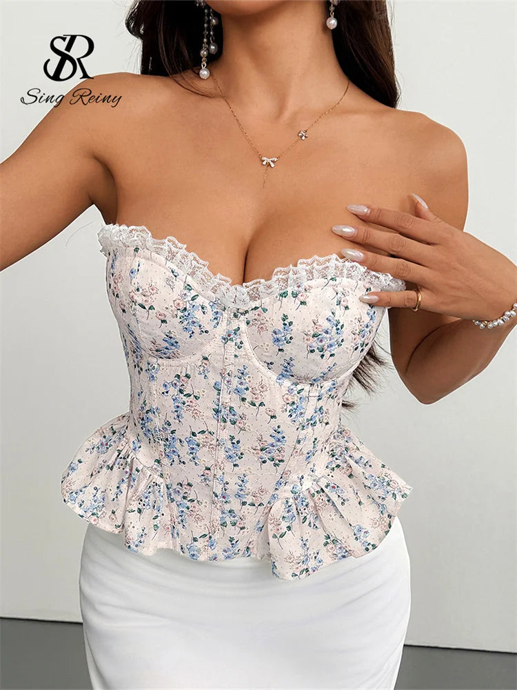 Débardeurs corset sans bretelles en dentelle imprimée pour femmes