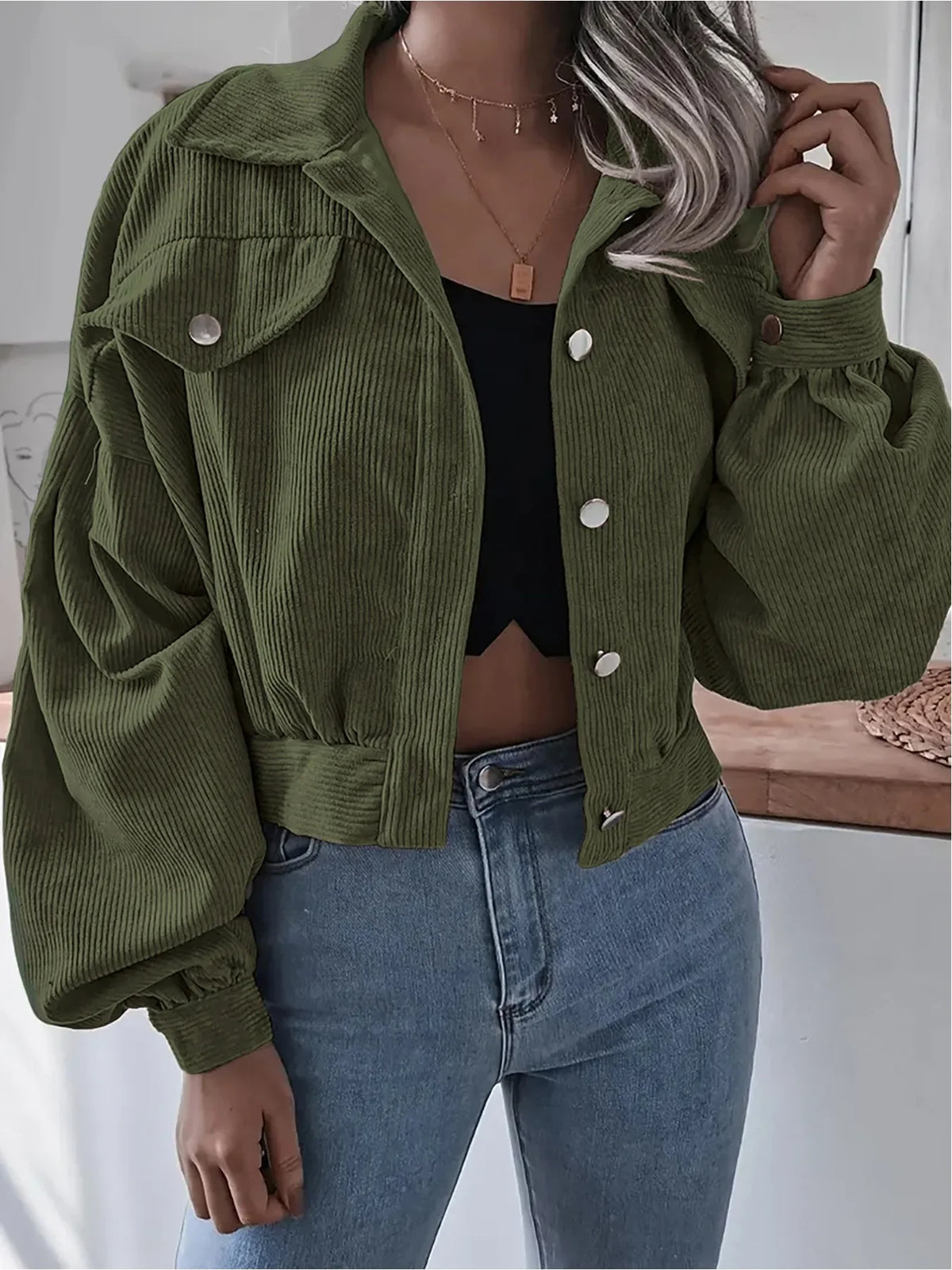 Veste Courte en Velours Côtelé Femme – Manches Lanterne