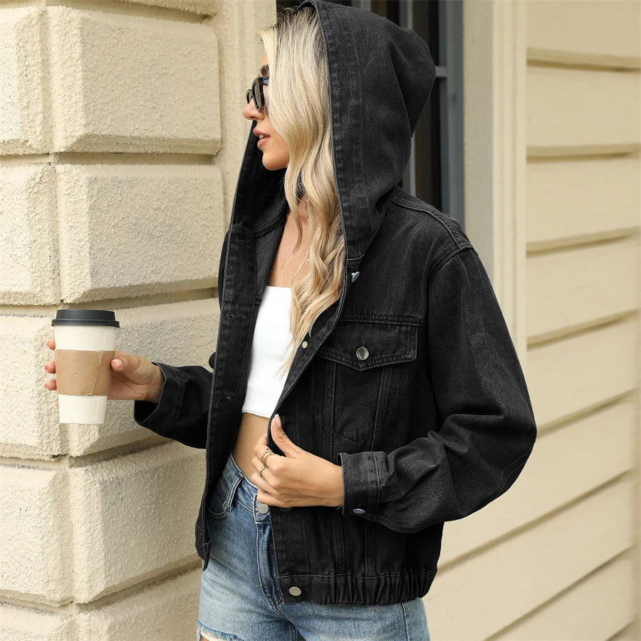 Veste en jean délavée à capuche vintage pour femmes
