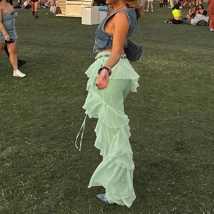Pantalon long en maille transparente à volants pour femme