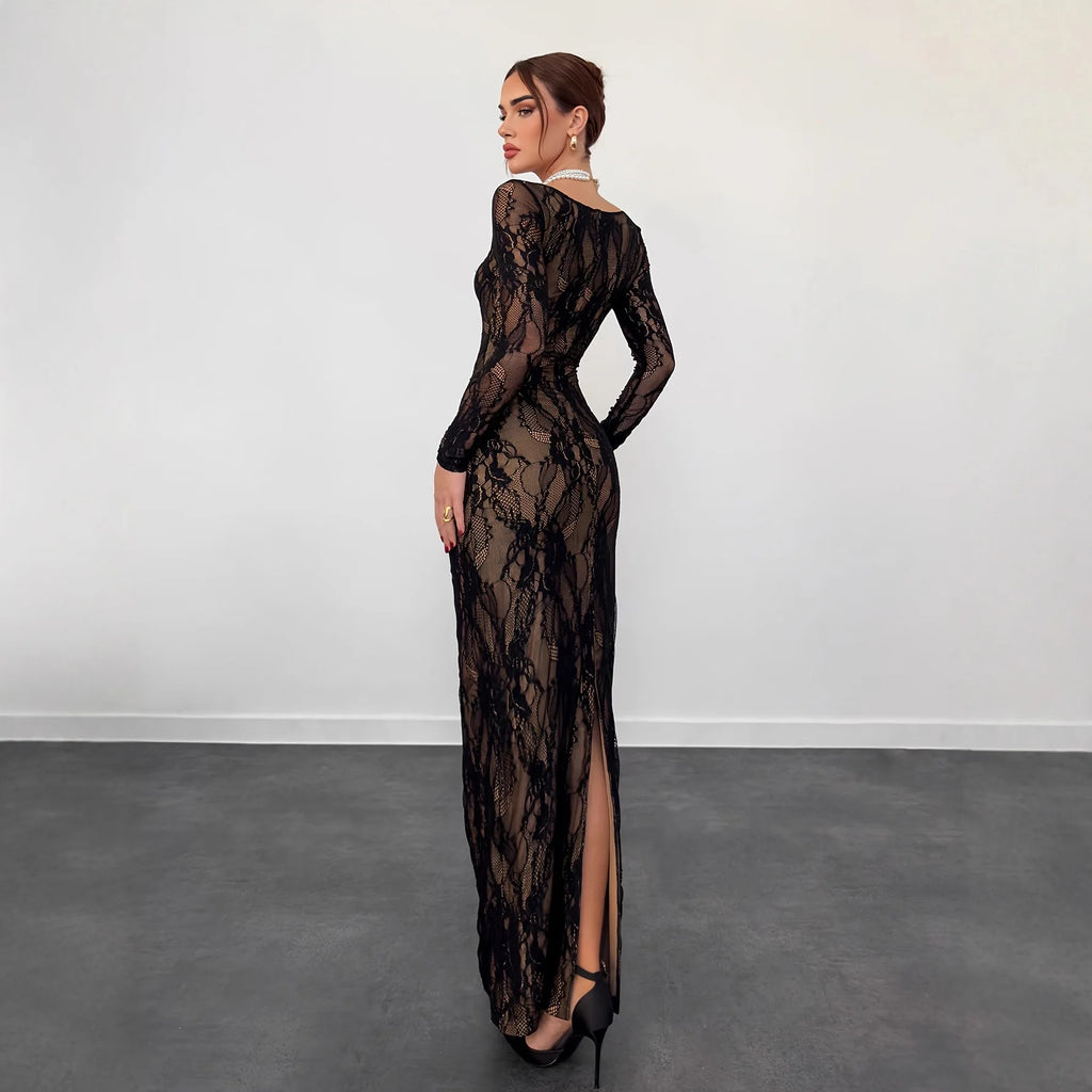 Robe longue élégante en dentelle avec col carré pour femmes