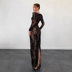 Robe longue élégante en dentelle avec col carré pour femmes
