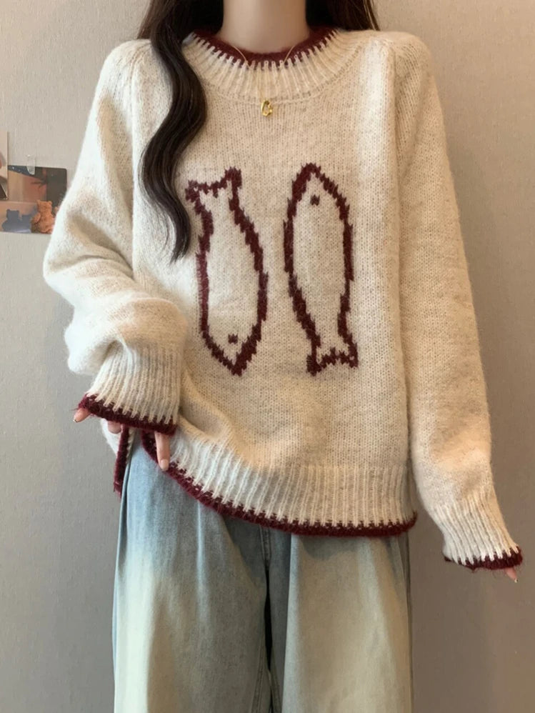 Pulls amples et décontractés à manches longues, en jacquard pour femmes