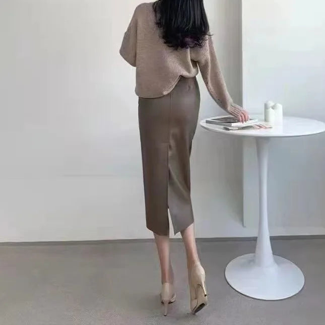 Jupe en cuir marron taille haute mi-longue à jambe droite pour femmes