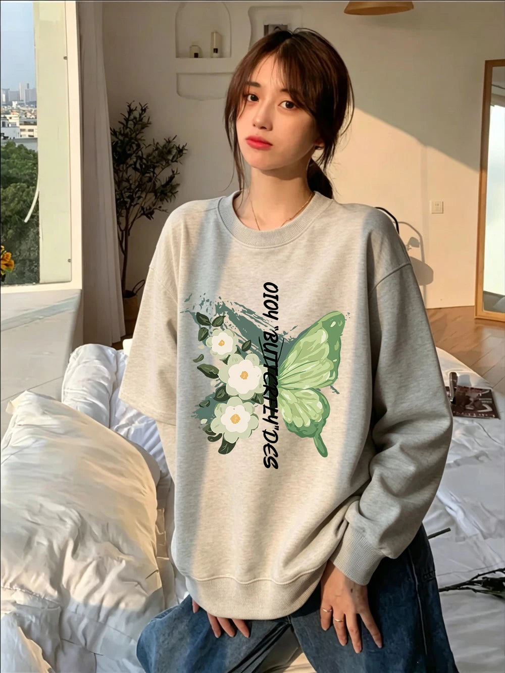 Sweat-shirts imprimés de fleurs de papillons verts pour femmes