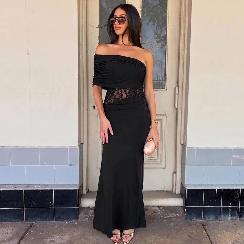 Robe longue asymétrique en dentelle pour femmes