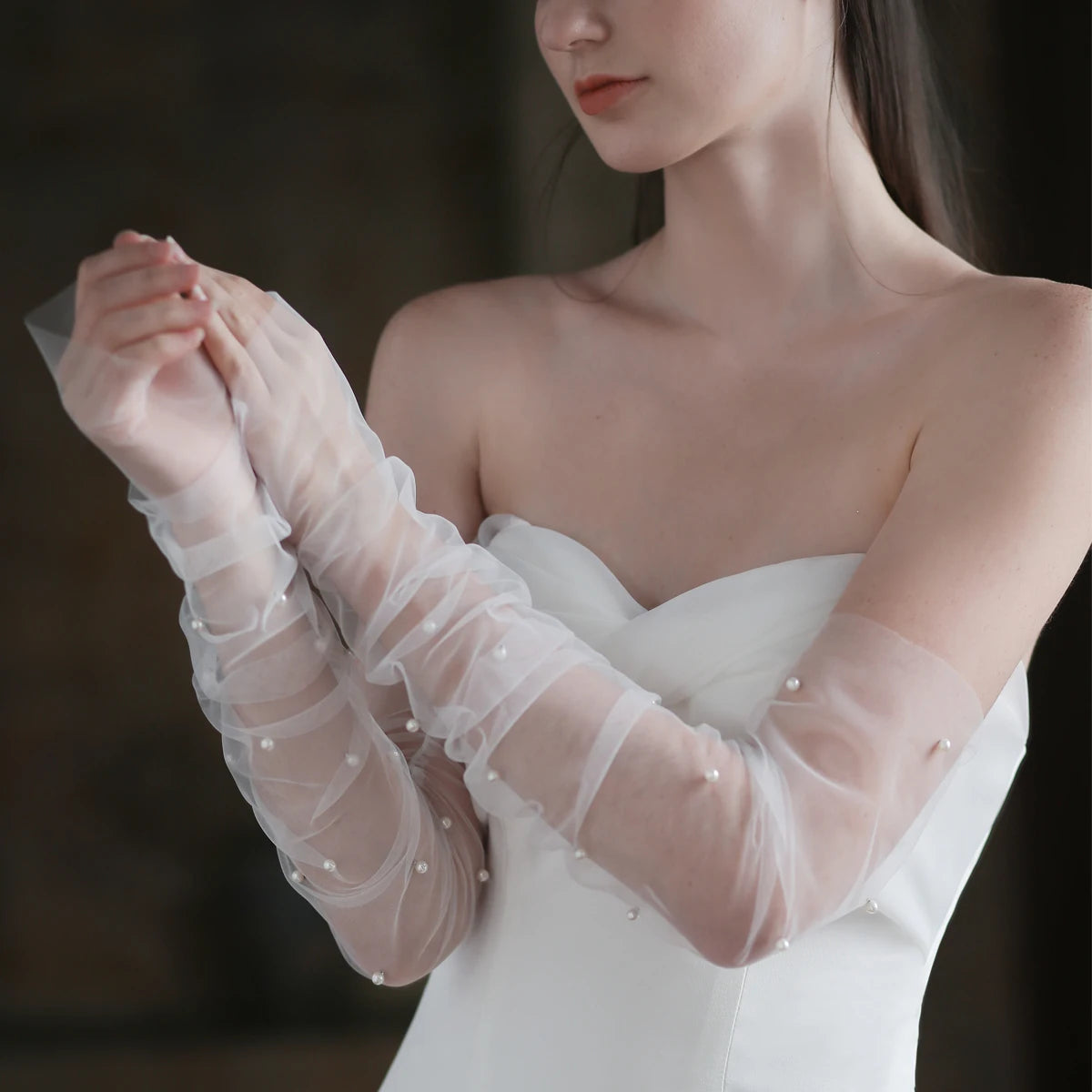 Gants longs tulle avec perles pour femmes