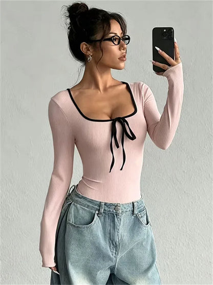 Body Femme Côtelé à Col Carré et Détail Nœud