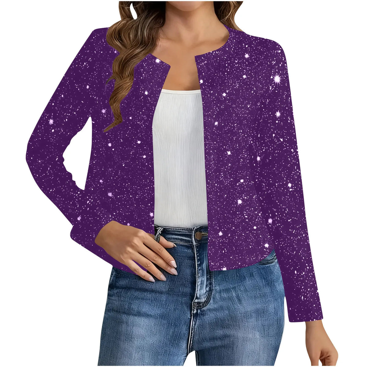 Cardigan Court Scintillant Femme – Col Rond et Manches Longues