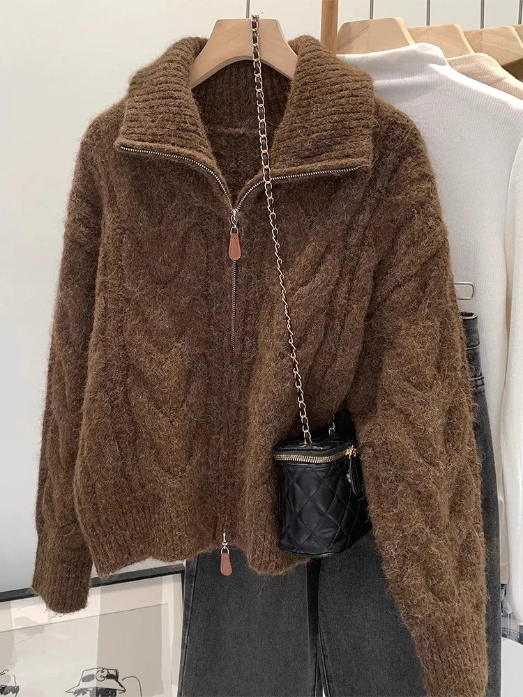 Pull à fermeture éclair et col rabattu pour femmes