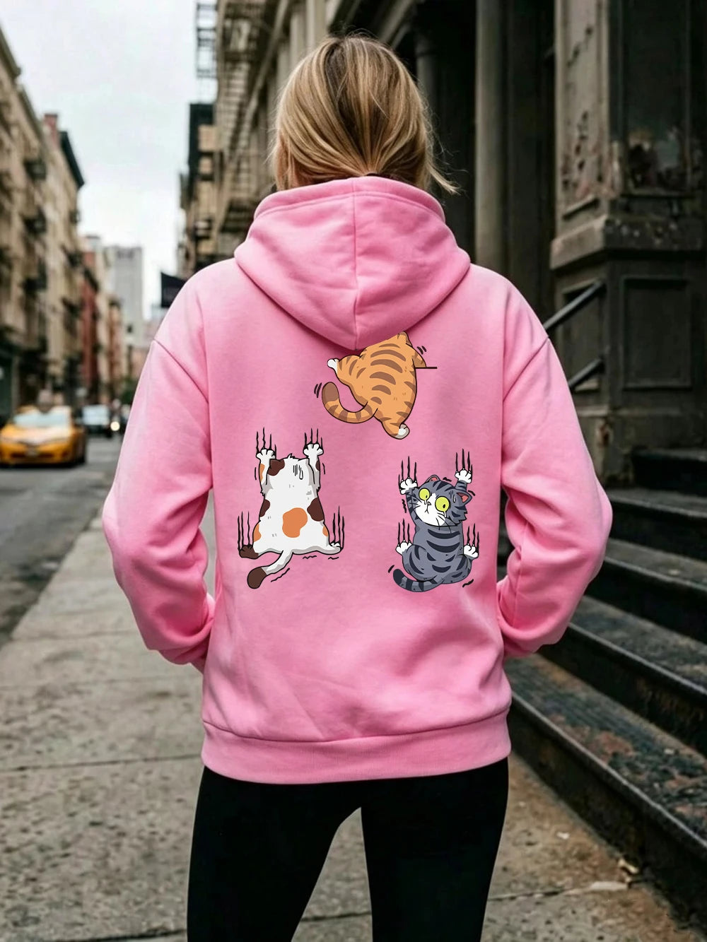 Sweat à capuche imprimé « Trois chats qui grimpent » pour femmes