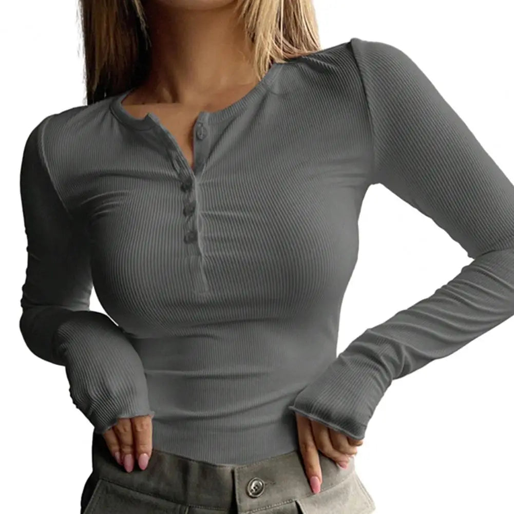 Pull à col rond bouton et manches longues pour femmes