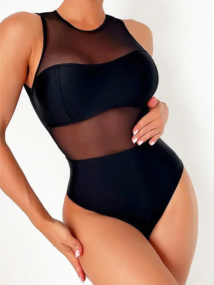 Maillot de bain une pièce transparent en maille noire, sexy, pour femmes