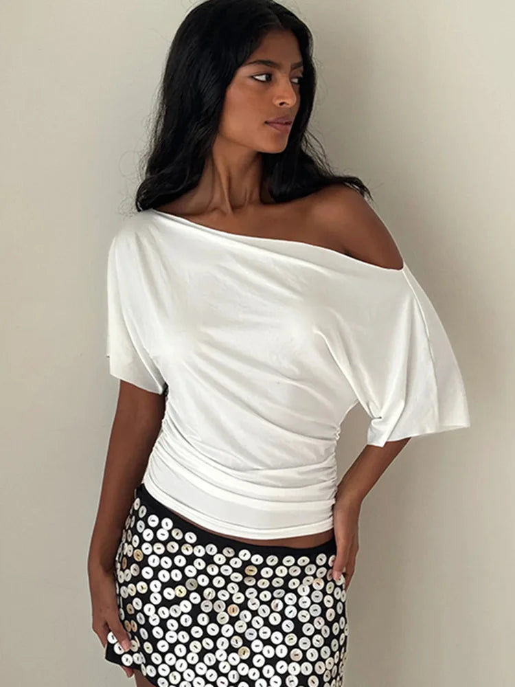 T-shirts court froncé à épaules dénudées pour femmes