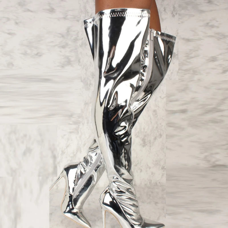 Bottes plateforme miroir, bout pointu, style punk pour femmes