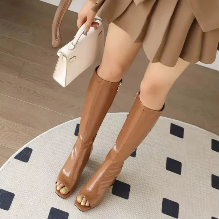 Bottes hautes en cuir verni à bout ouvert pour femmes