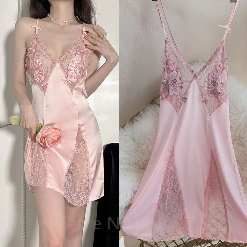 Robe de nuit Sexy en Satin ajouré et bretelles en dentelle pour femmes