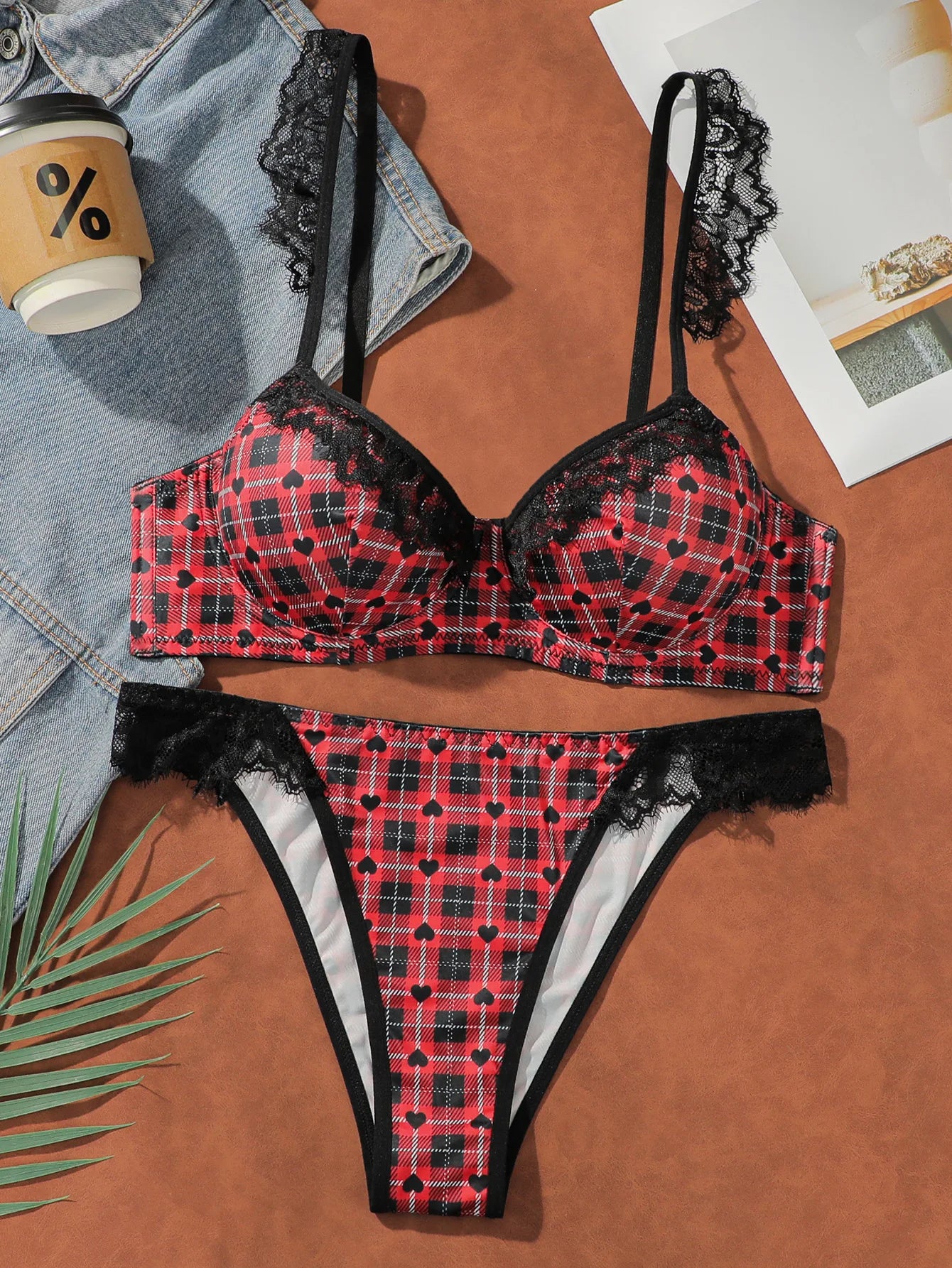 Ensemble de lingerie sexy en dentelle à carreaux pour femmes