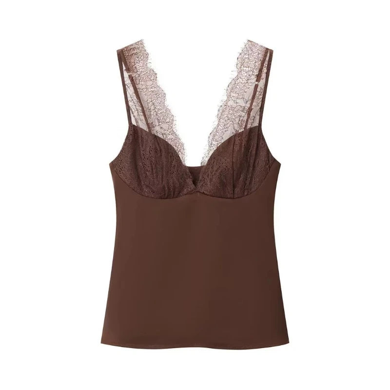Débardeur en satin et dentelle noire pour femmes