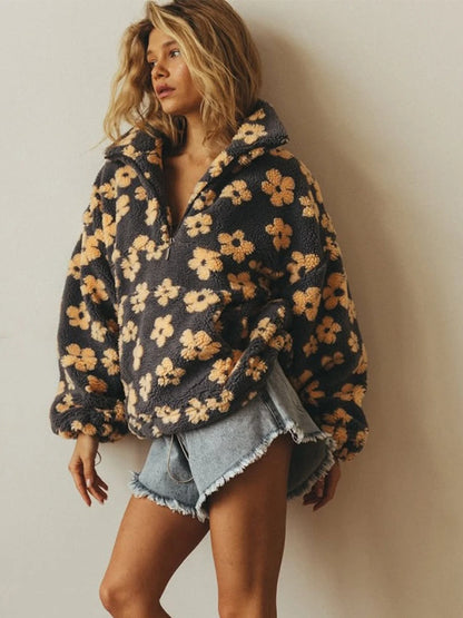 Sweat à Capuche Sherpa Femme – Fleurs et Demi-Zip