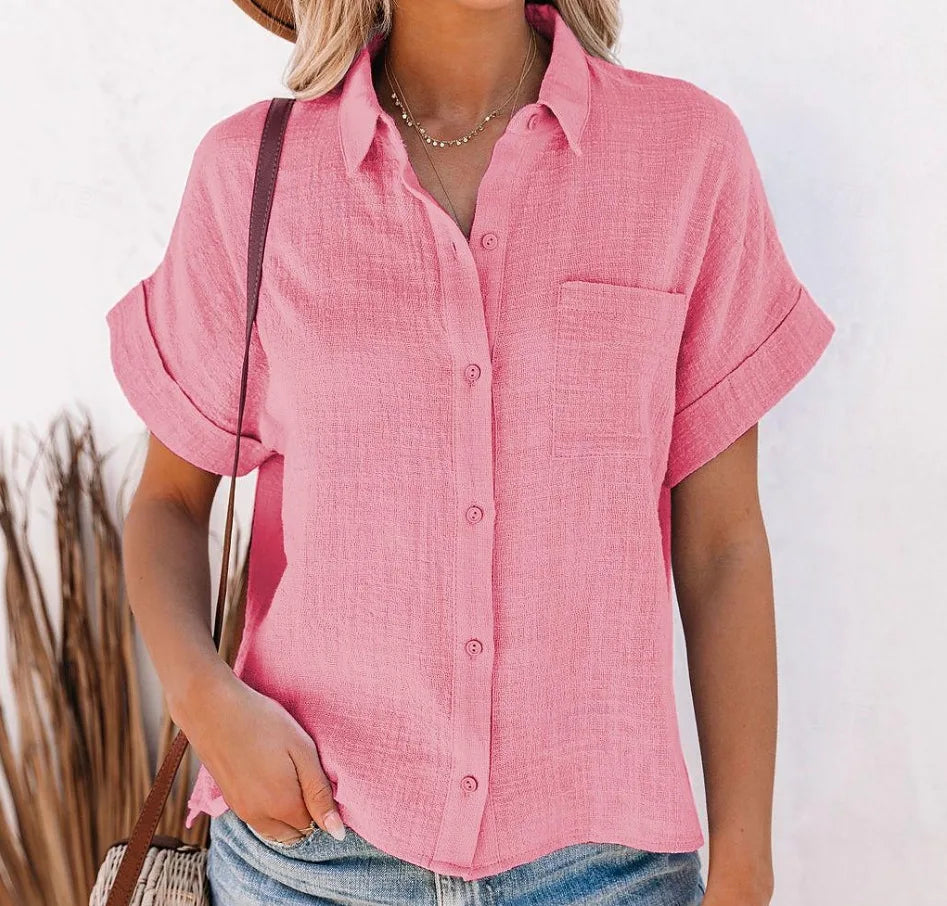 Chemise en coton et lin et manches courtes pour femmes