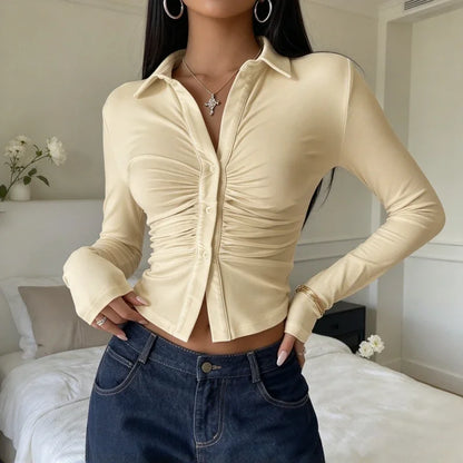 Chemisier Court Femme – Col V et Manches Froncées