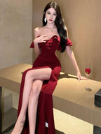 Robe de soirée rouge dos nu à volants pour femmes