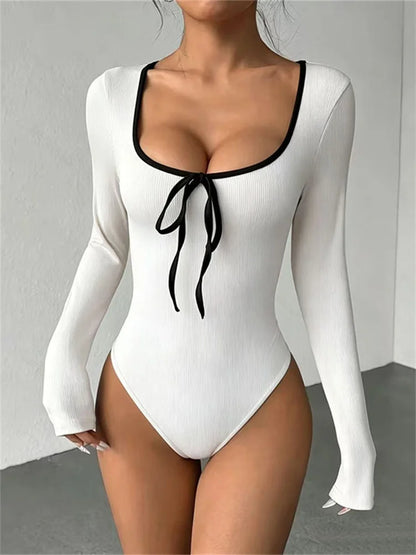 Body Femme Côtelé à Col Carré et Détail Nœud