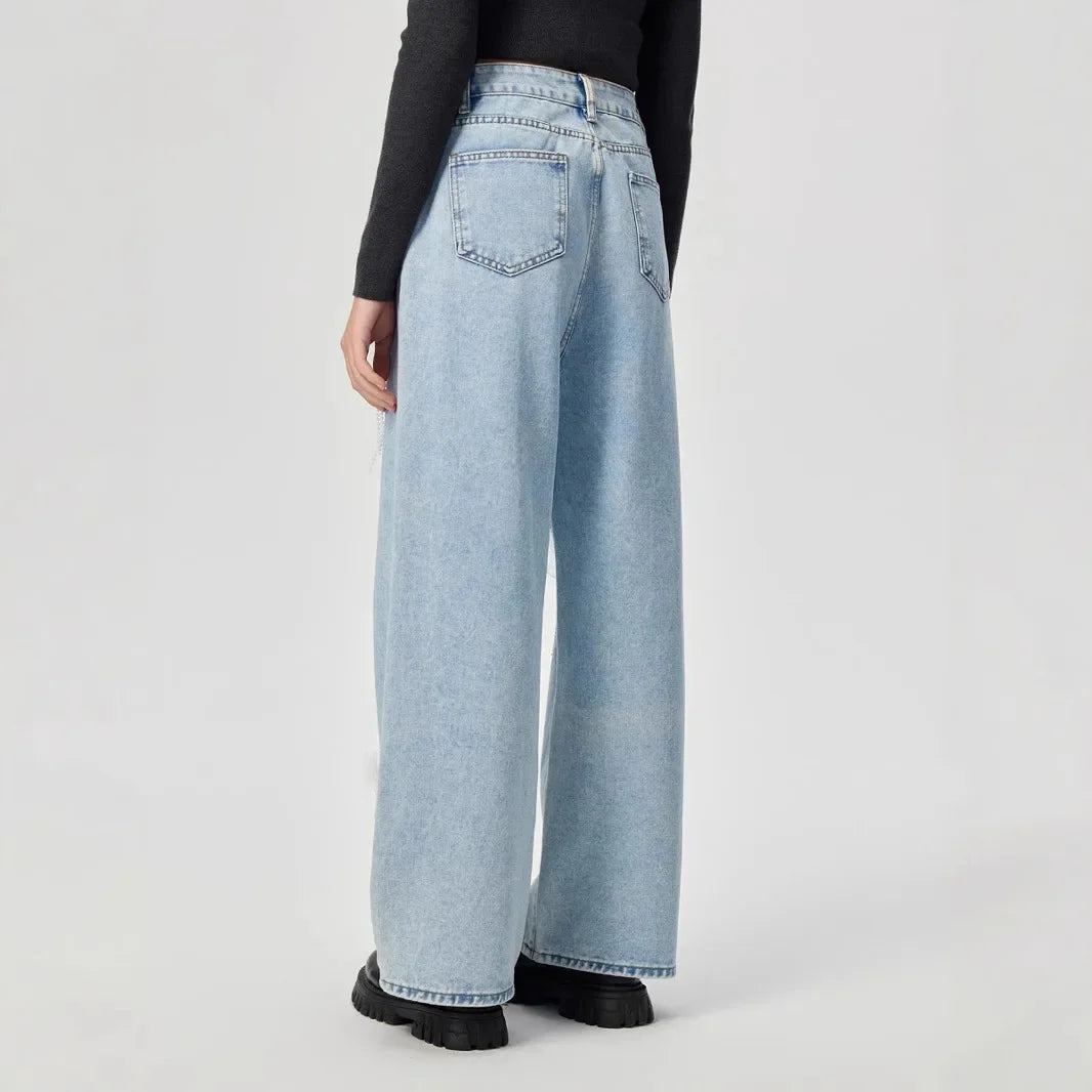 Jean taille haute brodé amincissant à jambe large pour femmes