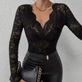 Chemisier sexy noir en dentelle à manches longues pour femmes