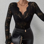 Chemisier sexy noir en dentelle à manches longues pour femmes