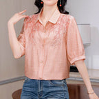 Chemise brodée en coton et lin à col polo pour femmes