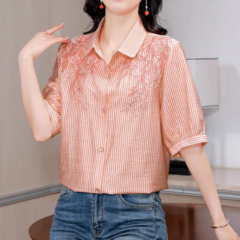 Chemise brodée en coton et lin à col polo pour femmes