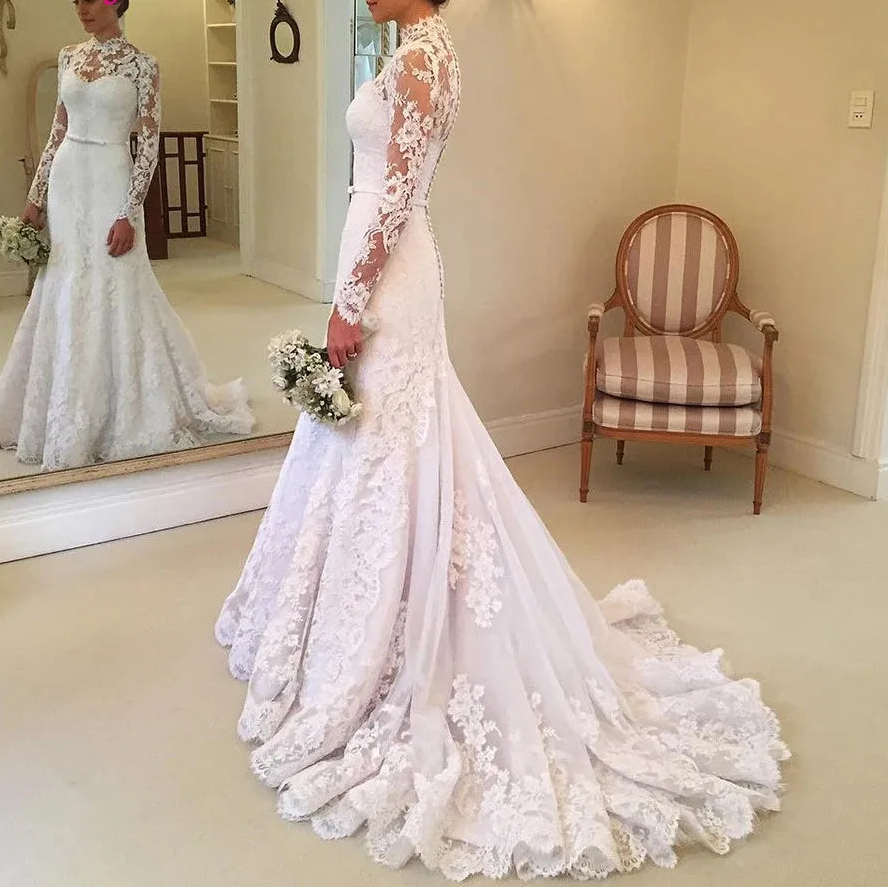 Robe de mariée sirène en dentelle avec veste col haut pour femmes
