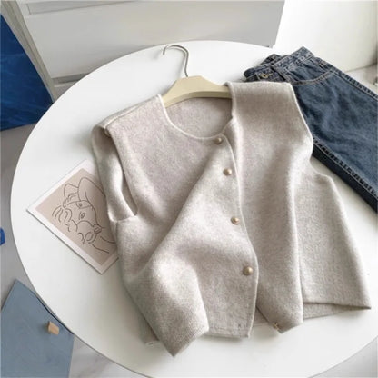 Pull Sans Manches Femme – Maille Unie et Boutons