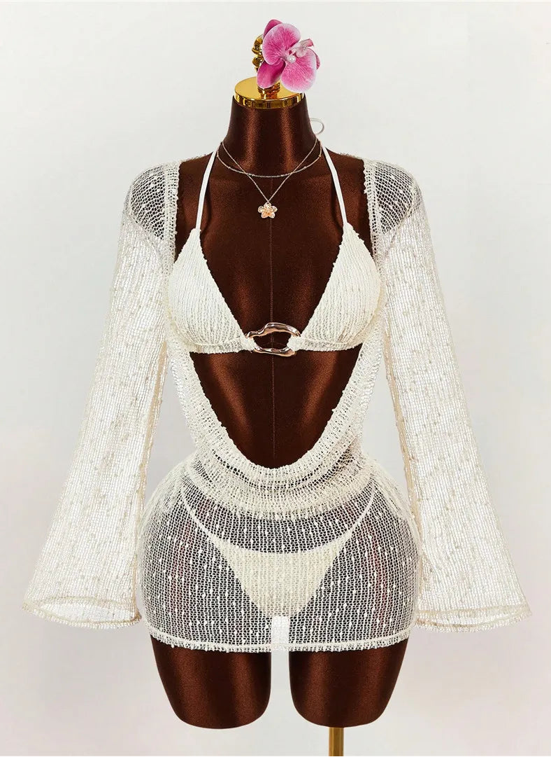 Bikini 3 Pièces Femme – Haut à Manches Longues et Col Licou