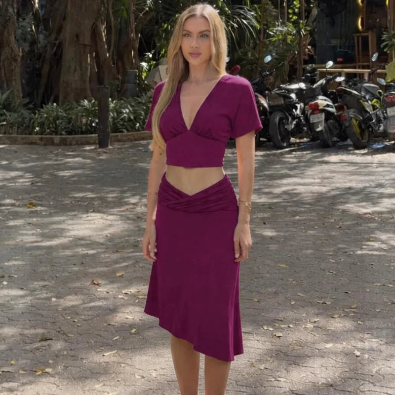 Ensemble deux pièces violet jupe, crop top asymétrique pour femmes