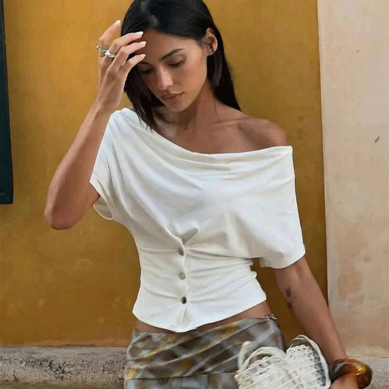 T-shirt court décontracté à col en V pour femmes