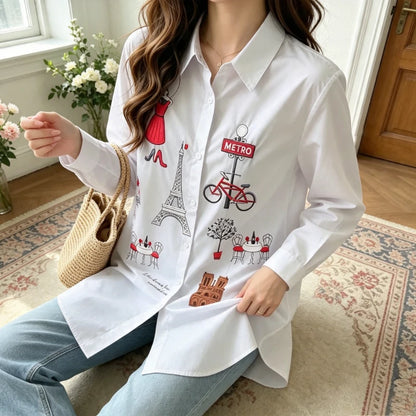 Chemisier Blanc Femme – Broderie Tour Eiffel
