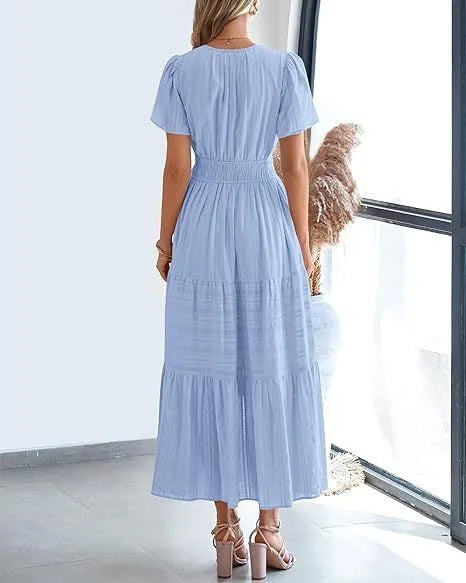 Robe longue plissée élégante style français à col en V pour femmes