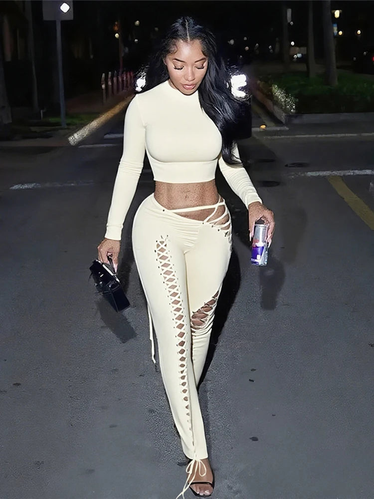 Ensemble 2 pièces crop top uni à manches longues + pantalon taille basse à cordon pour femmes