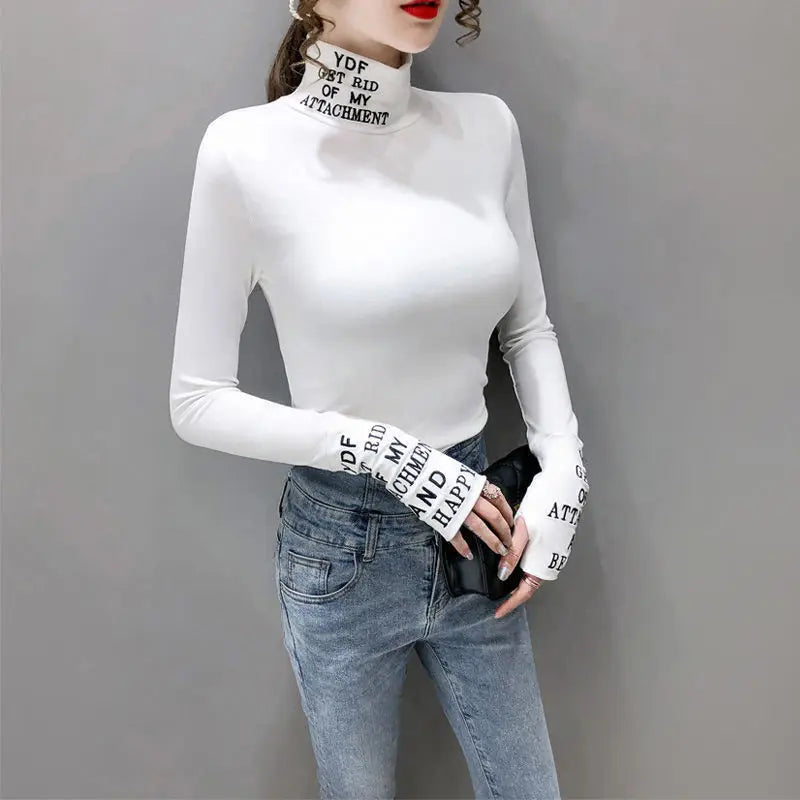 T-shirt à manches longues et col roulé en coton pour femmes