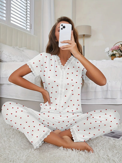Pyjama Femme – Haut Manches Courtes et Pantalon à Cœurs