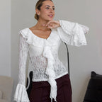 T-shirt à manches longues en dentelle à volants pour femmes