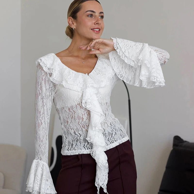 T-shirt à manches longues en dentelle à volants pour femmes